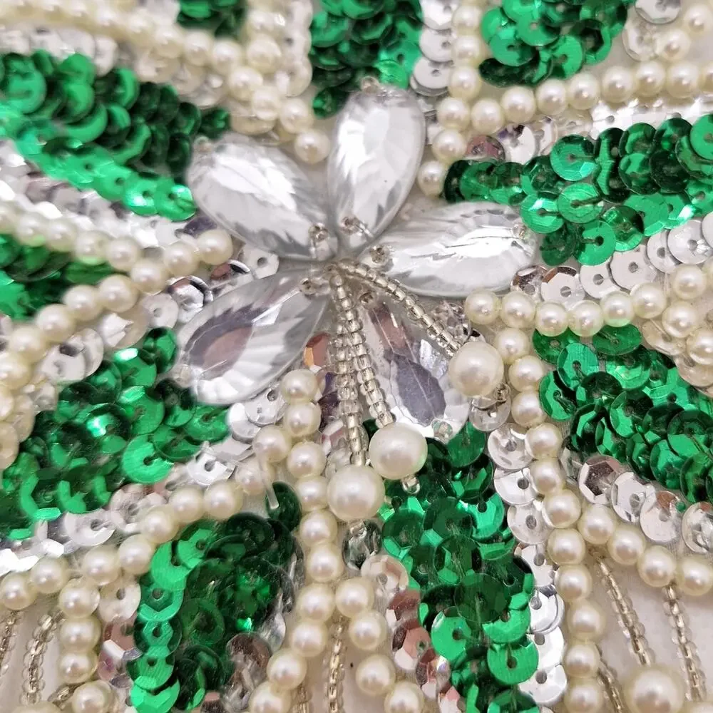 Sequin/Bead Epaulet Applique Green/White Bead Fringe